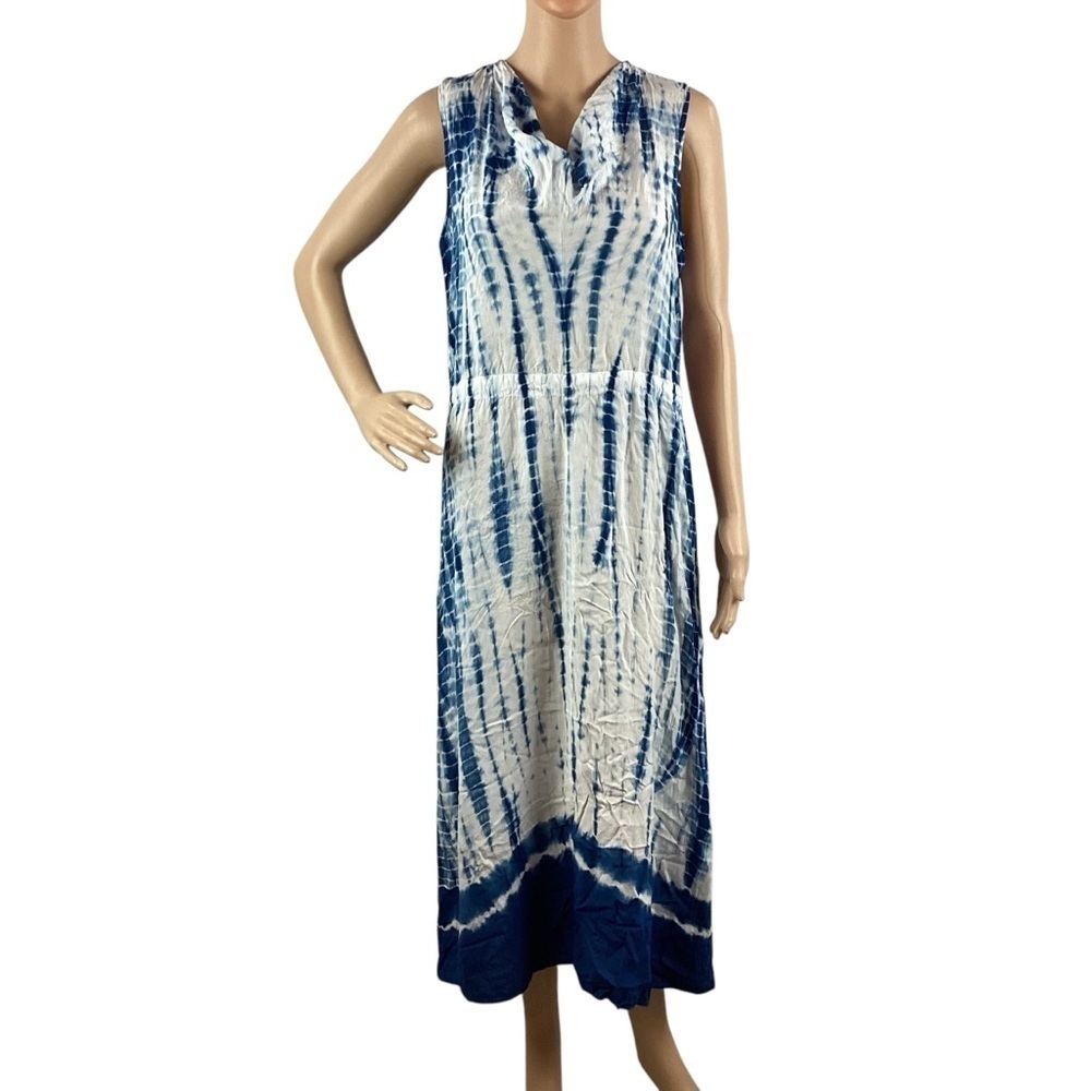 XCVI Blue White Sleeveless Tie Dye Midi Dress Crinkle Rayon Cowl Neck Small